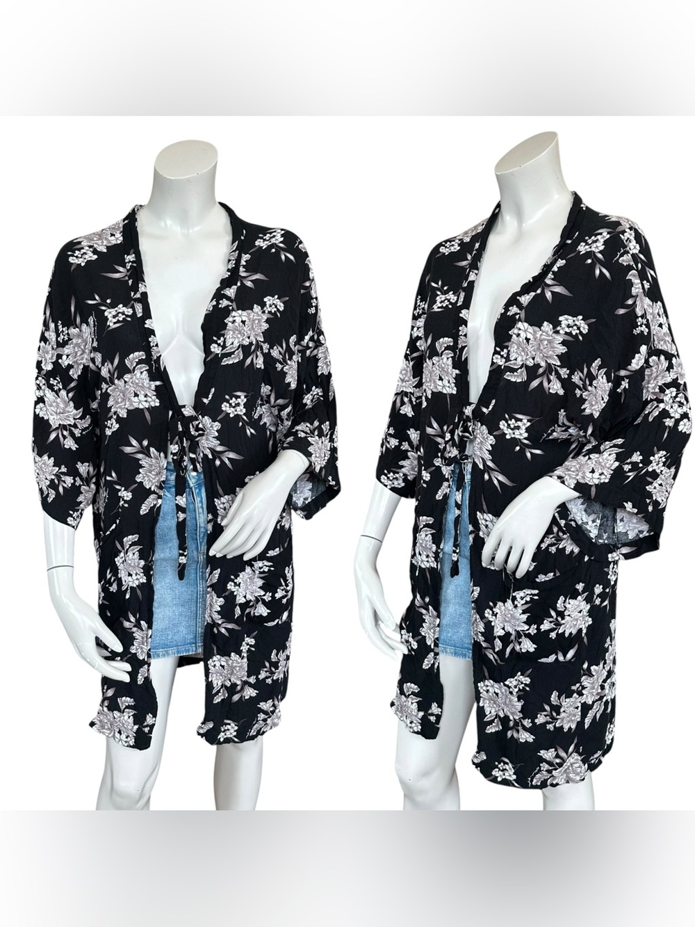 Spiritual Gangster Maya Black Gray White Floral Print Tie Front Kimono Size OS